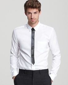 This crisp, slim fit shirt from HUGO includes a super skinny leather tie, with leather accents at the chest pocket.