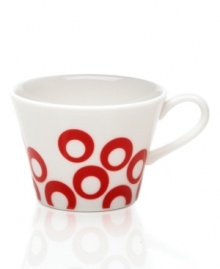 Circle 'round the table for a taste of retro fun! From Mikasa dinnerware, dishes like this porcelain espresso cup feature rings of cherry red that bounce playfully around in a mod pattern for festive everyday meals and entertaining. (Clearance)