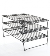 Treat yourself to a tower of your favorite baked goods! Nonstick, stackable cooling racks save counter space and create even more room to set out your culinary creations. Three tiers made from sturdy steel wires hold both large and small treats, promote airflow for a proper cooling and clean up fast in the dishwasher. Limited warranty.