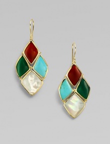 From the Polished Rock Candy® Collection. An exquisite blend of dyed red agate, gold green agate, mother-of-pearl and turquoise in a 18k gold cascade shape. Dyed red agate, gold green agate, mother-of-pearl and turquoise18k goldLength, about 2Hook backImported 