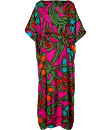 Take a radiant stance on this seasons penchant for prints with Issas electric hued silk chiffon kaftan-style dress, guaranteed to turn-heads as you make a festive cocktail hour debut - Boat-neckline, elbow-length draped sleeves, tailored at the waist with a self-tie sash, ankle-length - Pair with strappy sandals and a shimmering clutch