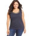 An embellished neckline lends a beautiful finish to Jones New York Signature's plus size tank top-- pair it with your favorite casual bottoms.