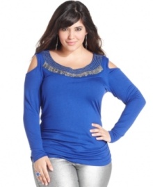 Heat up your look with ING's cold-shoulder plus size top, accented by a beaded neckline.