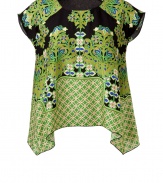 Work an opulent edge into city-chic looks with Anna Suis printed bamboo handkerchief top - Round neckline, cap sleeves, longer draped sides - Loosely fitted - Wear with skinnies, black ballerinas and bright green accessories