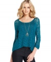 An allover burnout knit adds an edgy distressed appeal to this sheer Kensie sweater -- a hot layering piece!