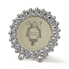 Olivia Riegel clear round frame. Finely hand-crafted frame with dazzling display of large faux diamond detail. Reminiscent of Elizabethan-era jewels.