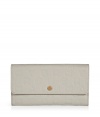 Detailed in pristine oyster-hued logo debossed leather, Marc by Marc Jacobs zip-around wallet is a sophisticated choice for stashing away your everyday essentials - Flap with snap closure, zippered change purse, multiple credit card slots - Carry alone for running quick errands, or slip into a streamlined leather handbag