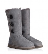 Logo-detailed buttons and an easy-to-style tall length makes these cozy-chic shearling boots from UGG Australia a cold weather must-have - Round toe, rugged rubber sole, cozy shearling lining, back logo detail, three-button side closure - Mid-shaft length - Pair with skinny jeans, an oversized cashmere sweater, and a down jacket or wool cape