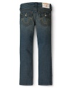 A gently faded jean from True Religion, crafted for a skinny fit, narrow leg and classic five-pocket stylings.