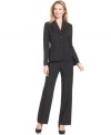 Braided trim and delicately pleated lapels add subtle yet appealing detail to Le Suit's refined petite pantsuit.