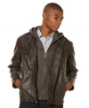 With a sleek faux leather-like design and a removable hood, this Perry Ellis jacket is stylish and versatile.