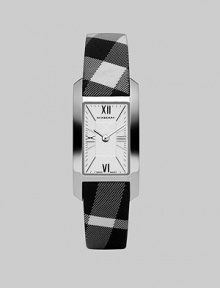 A classic rectangular design with signature check details.Swiss quartz movement Water resistant to 3 ATM Stainless steel rectangular case, 20mm x 26mm, (.78 x 1.02) Silver sunray dial Roman numeral and index hour markers Check strap, 14mm, (0.55) Deployment buckle Made in Switzerland 