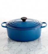 Bring on the roast! A functional oval shape is the perfect home for family-sized portions of your favorite chicken or beef dish. Classic French styling and a dynamic enameled cast iron construction moves this piece from oven to table with incredible ease. Lifetime warranty.