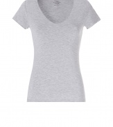 Stylish T-shirt in fine grey stretch rayon - very pleasant and summer quality - feminine wide V-neck and short sleeves - slim fit - a dream basic, the one you always need, youve always been looking for - wear solo or underneath - pairs with literally everything, from a pant suit to shorts to a pleated skirt