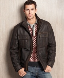 Keep the chill off and your look cool with this classic leather coat from Marc New York.