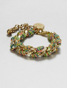 A radiant link chain wrapped with multi-colored thread for a truly unique and colorful style. Polyester threadGoldtone brassLength, about 6Lobster clasp closureMade in USA