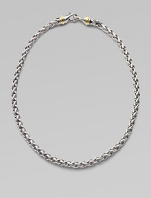 From the Silver Classics Collection. A striking chain in a woven wheat pattern of sterling silver manages to be at once graceful and bold, with 14k gold accents near the clasp. Sterling silver and 14k yellow gold Length, about 16 Lobster clasp Made in USA