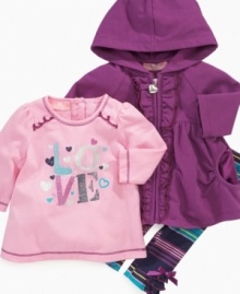 She'll love the vibrant colors, stripes and ruffles on this cute Kids Headquarters coat, shirt and pants combo.