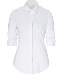 Both classic and cool with a flattering modern tailored fit, Steffen Schrauts white smoke sleeve shirt is a chic choice packed with wearing possibilities - Classic collar, ruched 3/4 sleeves with stitched cuffs, button-down front, shirttail hemline - Tailored fit - Wear with bright flats, slim-fit separates and a carryall tote to work