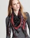 Channel across-the-pond style in this Burberry square scarf, featuring a black and gray fall floral print.