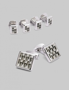 A luxury set that appoints a formal look with polished style, defined by Swarovski crystal detail in rhodium-plated metal. Set includes 2 cuff links and 4 matching shirt studs Cuff links: about ¾ square Shirt studs: about ¼ square Imported 