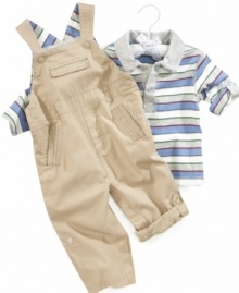 He'll look overall adorable in this sweet striped tee and coverall set by First Impressions.