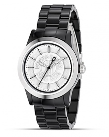 Have you updated your classic black watch lately? Here from DKNY, the white glossy dial has silvertone stick hour indices. Etched center logo, silver hands, black second hand.