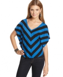 Striking stripes! The bright V-shaped stripes of this top by Fresh Brewed mirror the neckline while short dolman sleeves add another cool touch.