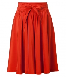 Elegant skirt in fine, pure silk - Vibrant and on-trend in rich rust-orange - Supremely soft fabric has a lush, matte sheen and hangs beautifully - Slightly higher waist with chic, slim tie belt and belt loops - Side pockets and hook-and-eye closure - Gently pleated swing style hits just above the knee - Pair with a button down, dressy tank or short sleeve sweater and flat sandals, wedges or peep toe pumps