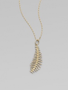 A graceful golden feather, so delicately rendered you can almost feel its softness, dazzles with diamonds as it hangs from a gold chain.Diamonds, .26 tcw14k yellow goldChain length, about 18Pendant length, about 1½Spring ring claspMade in USA