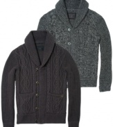 Keep it simple or dress it up! Always stylish is this cozy and fitted shawl button down cardigan by Guess Jeans.