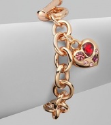 A warm rose goldtone style with colorful rhinestone accented heart-shaped charm on a link chain. Rose goldtone brassGlass stonesLength, about 7½Toggle closureImported 