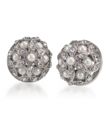 Sweet and sublime, earrings that offer a refreshing twist to your average stud. Created by Carolee, these intricate stud earrings feature a crafty pattern of white glass pearls and glass crystals. Set in silvertone mixed metal. Surgical steel posts. Approximate diameter: 1/2 inch.