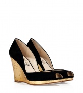 Kick-start your warm weather look with Kors Michael Kors low-cut suede wedges, the perfectly glamorous choice for polishing workweek looks - Peep-toe, low-cut sides, gold-toned textural wedge - Wear with a wrap dress and sleek leather carryall tote