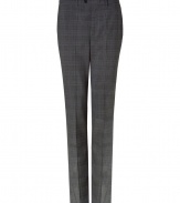 Add classic sophistication to your look with these luxe wool-blend pants from Ermanno Scervino - Flat front with button tab, belt loops, off-seam pockets, back welt pockets with button, classic fit, all-over plaid print - Style with a sleek button down, a blazer, and suede ankle boots