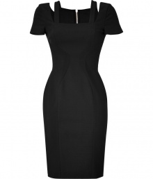 This ultra-glam Versace cocktail dress boasts a curve-enhancing silhouette and on-trend cut out sleeves - Square neckline, short sleeves with cut out detail, figure-hugging fit, front paneling, exposed back zip closure - Wear with back seam stockings, sky-high platforms, and a leather trench