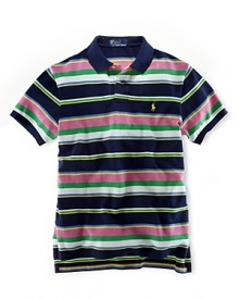 Bold stripes in bright hues add a pop of color to this preppy polo, tailored in breathable cotton mesh for relaxed, classic fit.