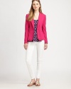 Let there be bright this season. This brilliant blazer will add a pop of color to any wardrobe.Notched collarSingle button closurePrincess seamsWelt pocketsBack ventFully linedAbout 23 from shoulder to hem71% polyester/27% rayon/2% spandexDry cleanImported Model shown is 5'10(177cm) wearing US size Small. 