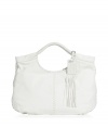 Gorgeous double-handle calfskin hobo is a must-have summer handbag - Brilliant white calfskin is buttery soft and luxurious - Features thoughtful, braided stitching at steams, small luggage tag and leather fringe tassel - Wide opening for easy access - Two interior pockets and cell phone pouch - Carry with a summery sundress and cork-bottom wedges