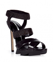 The certifiable must-have shoes of the season, these fashion-forward Camilla Skovgaard sandals are undeniably sexy - Front crisscross strap, ragged edge front platform, multi-straps, ankle strap with buckle closure, ultra-high stiletto heel - Pair with printed jeans and a blazer or an eye-catching cocktail frock