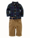 An ultra-preppy set includes a tartan plaid woven cotton shirt, a corduroy pant and a matching grosgrain ribbon belt.