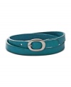 Double up this season with colorful accessories! This double-wrap bracelet from Fossil flaunts teal color with a silver tone buckle closure. Crafted in teal-colored leather. Approximate length: 15 inches.