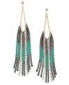 Make a clean sweep! Bar III's chic tassel earrings feature turquoise and hematite-colored acrylic chains accented by round-cut crystal posts and drops. Set in gold-plated mixed metal. Approximate drop: 4-7/10 inches.