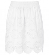 Stylish skirt in fine, pure white cotton - On-trend, decorative eyelet detail - Slim, modified A-line silhouette - Gently pleated, with a scalloped hem - Gathered, elasticated waist and slash pockets at sides- Hits above knee - Chic and ready for summer, seamlessly transitions from work to weekend - Pair with a tank and cardigan or silk top and wedges or sandals