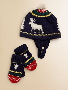 A reindeer hat and mitten set is the perfect wintertime accessory for stylish warmth in the colder months.Hat features contrast stitching and chin strap with single button closureMittens feature ribbed turn-back cuffs and flat-knit handCottonMachine washImported