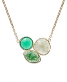 An exotic blend of multicolored stones creates a lovely mosaic on this stunning pendant. Necklace is crafted in 10k gold and features shades of green onyx (8-1/5 ct. t.w.) in a 3-stone pattern. Approximate length: 18 inches. Approximate drop: 1 inch.