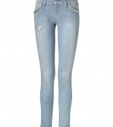 Ultra soft and equally flattering, Iros embellished light blue jeans are a cool choice perfect for giving your casual look a kick of Downtown edge - Five-pocket style, bead trimmed front pockets, zippered back patch pockets, zip fly, button closure, distressed front detailing - Slim fit, ankle length - Wear with chunky knit pullovers and edgy biker boots