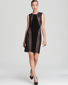 Mixed lace panels come together on BCBGMAXAZRIA's fitted sheath dress, accented with seamed details.