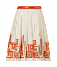 Elegant skirt in fine ivory and orange-printed cotton-blend fabric - Features wide, swinging silhouette with decorative pleating for pretty, feminine movement - Stylish, geometric print with gold-colored accents - Wear with tight tops to highlight the shape and the adorned waist - Pair with ballet flat or kitten heels for a soft, wearable look perfect for the office or a first date