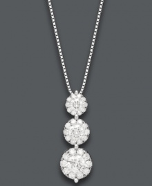 Let elegance define you. Prestige Unity's stunning three-stone pendant features clusters of round-cut diamonds (3/4 ct. t.w.) in 14k white gold setting with matching box chain. Approximate length: 18 inches. Approximate drop: 3/4 inch.